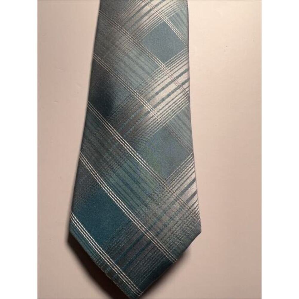 Calvin Klein Neck Tie Silk Blend Aqua /silver Plaid Pattern MSRP $69.50 NWT